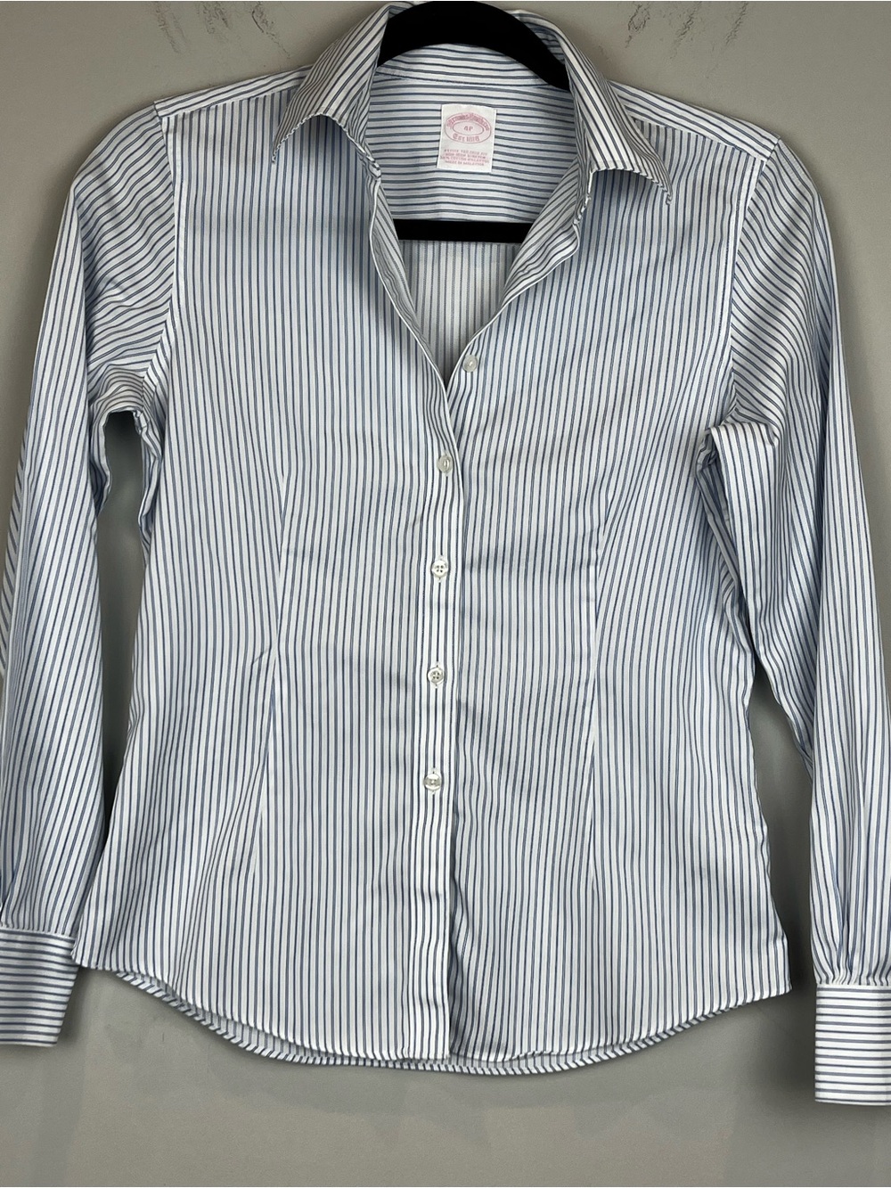 Brooks Brothers Petite Tailored Fit White Button-Down Shirt Blue Pinstripes 4P